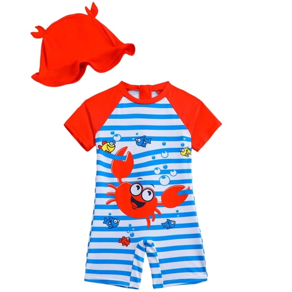 Wxirdiow Boys Swim Suit Infant Baby Boy Swimsuit Toddler Boy Rash Guard Baby One Piece Zipper Swimwear Sunsuit Bathing Suit Beachwear Hat Red Size,5-6 Years
