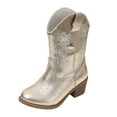 thumbnail image 1 of Wxirdiow Cowboy Boots for Kids Girls Cowgirl Cowboy Boots Little Kids Dress Boot Pointed Toes Low Heel Mid Calf Zipper Party Birthday Toddler to Big Kid Gold Size,13.5, 1 of 9