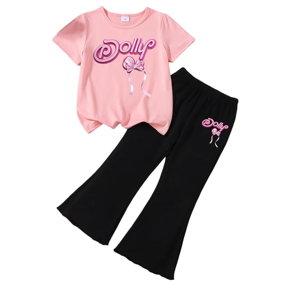 Wxirdiow Cute Outfits for Girls 2 Piece Outfits Short Sleeve Graphic T-Shirt & Flared Pants Kids Clothing Set J Size,5-6 Years