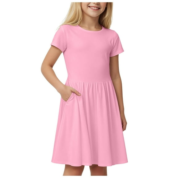 Wxirdiow Cute Summer Dresses Girls' Sleeveless Dress Bow Detail Pleated Print Summer Party Versatile Easy Care for Daily Pink Size,4-5 Years