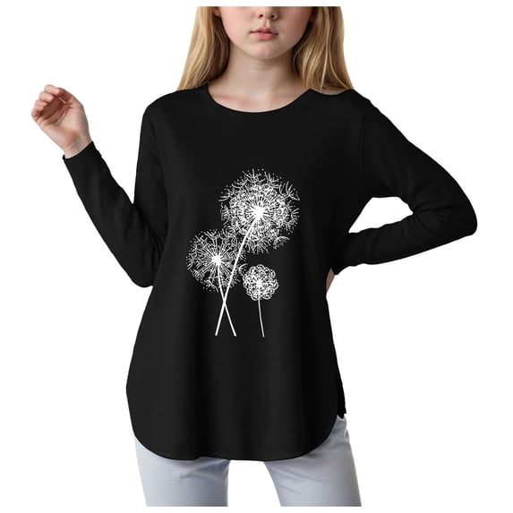 Wxirdiow Cute Tops for Girls Long Sleeve T Shirts Round Neck Curve Hem Side Slit Basic Casual Loose Tunic Soft Shirts Black Size,13-14 Years