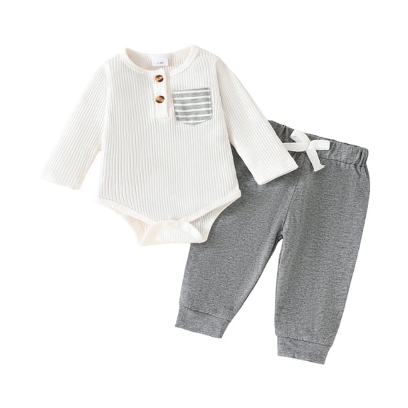 Wxirdiow Cute Winter Outfits for Toddler Boys Newborn Baby Boy Girl Clothes Ribbed Knitted Long Sleeve Button Romper Long Pants Fall Winter Outfits White Size,6-12 Months