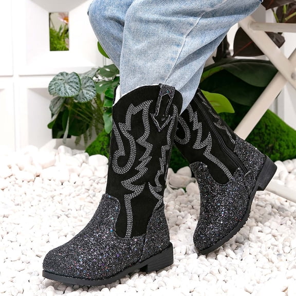 Wxirdiow Dress Boots for Girls Girls Kids Western Boots Embroidered Cowgirl Cowboy Boots Girls Mid Calf Riding Shoes Little Kid/Big Kid Black Size,13
