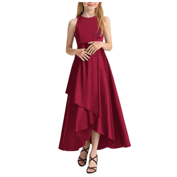 Wxirdiow Dress for Girls Spaghetti Strap Junior Bridesmaid Dresses Silk Satin Flower Girl Dress for Teen Girls Special Occasions Wine Size,12-14Years