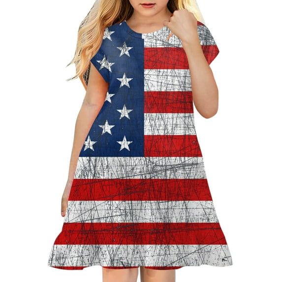 Wxirdiow Dresses for Little Girls 4th of July Dress Kids USA Dresses American Flag Full Print Dress Independence Day Patriotic Outfit Grey Size,6-7 Years