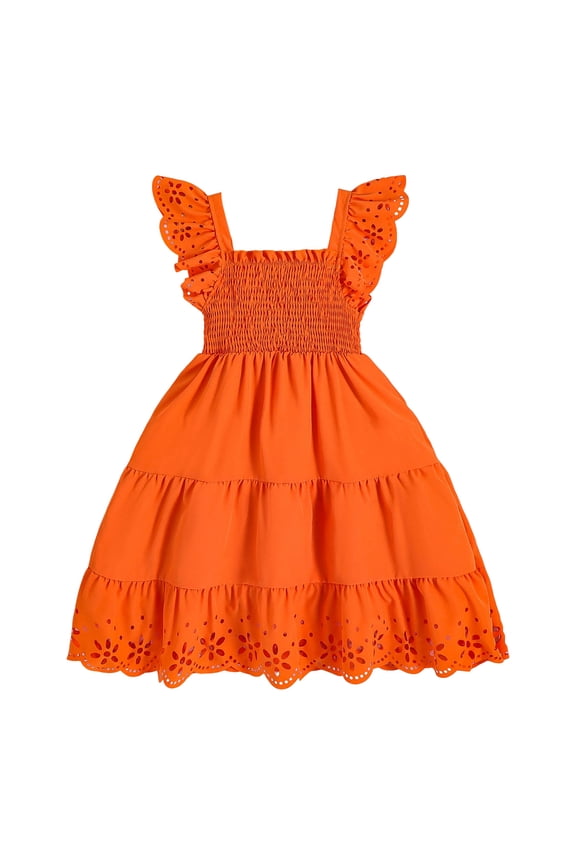Flower Girl Dress Toddler Girl's Smocked Ruched A Line Swing Dress Layered Tie Shoulder Flowy Cami Short Dress Orange Size,5-6 Years