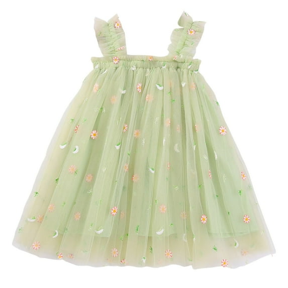 Wxirdiow Flower Girl Dress Toddler Toddler Girl Tulle Dress Ruffle Sleeveless Summer Girls' Dresses Birthday Wedding Casual Green Size,5-6 Years