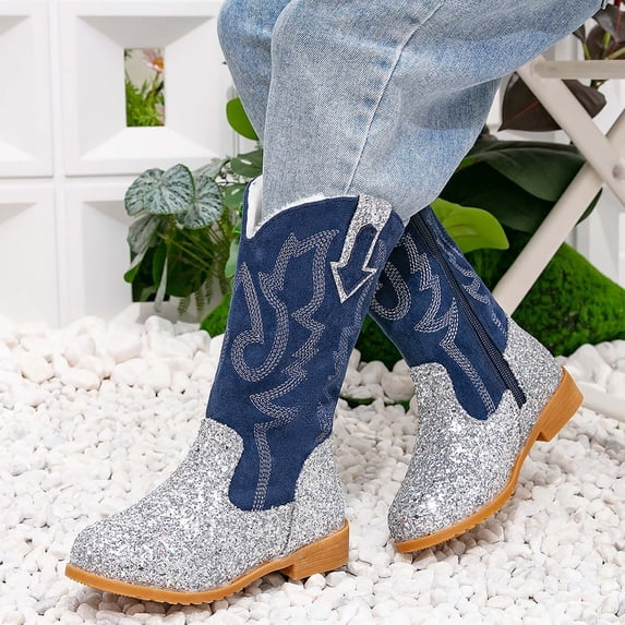 Wxirdiow Girl Boots Boots for Girls Mid Calf Youth Girl Cowboy Western Boots Pointed Toe Embroidered for Horse Riding Country Party Toddler Little Big Kids Silver Size,12