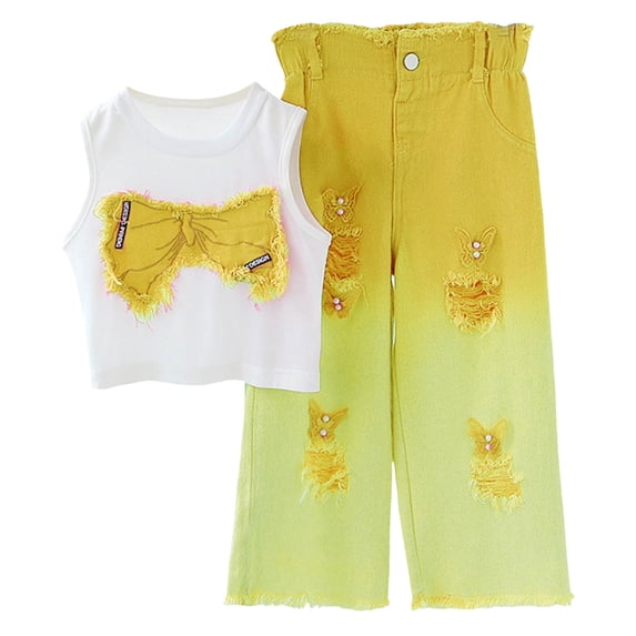 Wxirdiow Girl Two Piece Outfit Girls Outfits 2 Piece Bow Sleeveless Tank Tops and Cargo Pants Set Clothes for Kids Yellow Size,3-4 Years