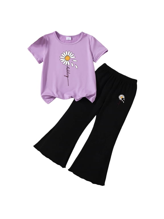 Girl Two Piece Outfit Tween Girls Outfit 2PCS Set Top & Flare Pants with Graphic Pattern Clothes O Size,6-7 Years
