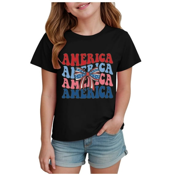 Wxirdiow Girls American Flag T-Shirt Girls 4th of July USA Shirt American Flag Patriotic T-Shirt Independence Day Outfit for Kids Black Size,9-10 Years
