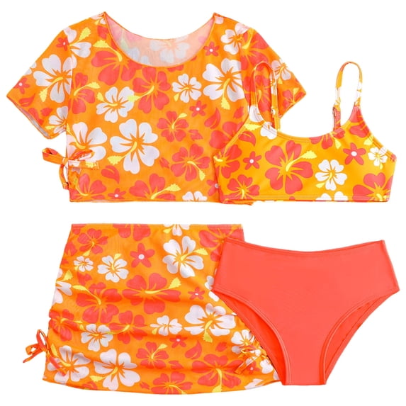 Wxirdiow Girls Bikini Girl's 3 Piece Swimsuits Floral High Waisted Bikini Bathing Suit with Mesh Coverups Skirt Orange Size,8-9 Years