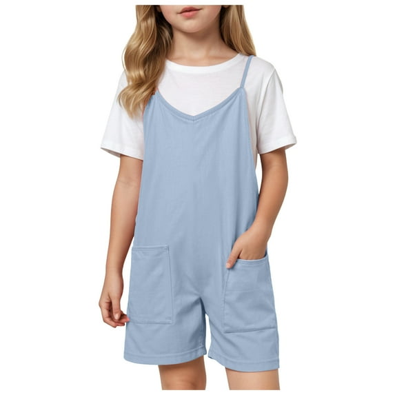 Wxirdiow Girls Casual Overalls Teen Girls Summer Casual Romper Sleeveless Adjustable Strap Short Jumpsuit Overall With Pockets Blue Size,13-14 Years