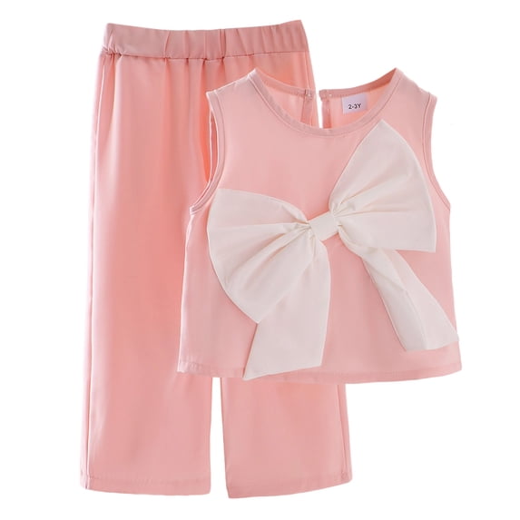 Wxirdiow Girls' Clothing Sets Girls 2 Piece Long Pant Set Bow Top Wide Leg Pants Set Sleeveless Outfits for Girls Party Summer Casual Pink Size,4-5 Years