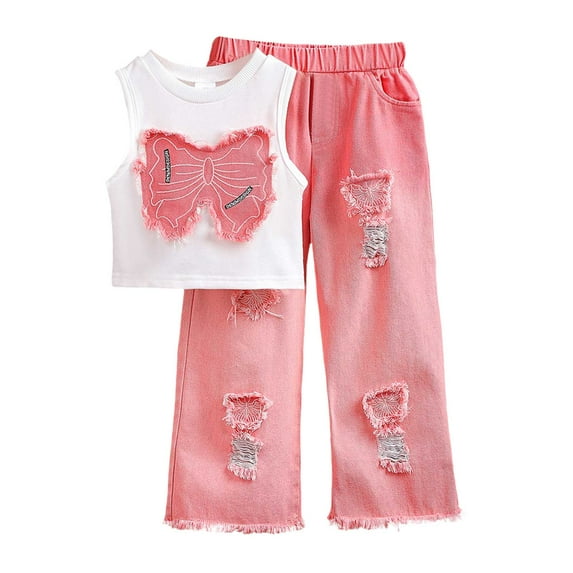 Wxirdiow Girls Clothing Sets Toddler Baby Girls Clothes Ribbed Sleeveless Top Little Kids Girl Denim Outfits Love Heart Jeans Pants Pink Size,4-5 Years