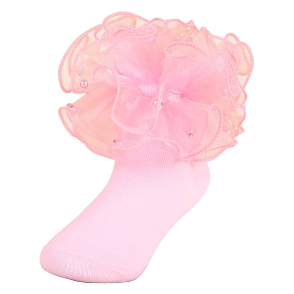 Wxirdiow Girls Dress Socks Toddler Girls Double Lace Ruffle Socks Turn Cuff Shimmering Big Ruffle Dress Lace Socks Pink Size,1-3 Years