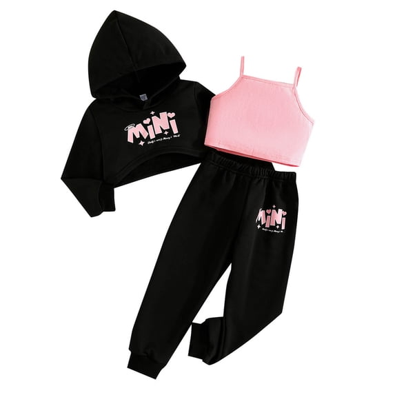 Wxirdiow Girls Fall Outfits Girls 3 Piece Outfits Graphic Crop Top Camisole and Sweatpants Set Summer Workout Shirt Tank and Pants Overalls Black Size,7-8 Years