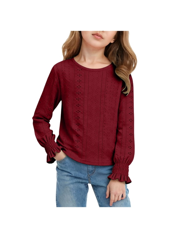 Girls Fashion Toddler Girl Long Sleeve Blouse Kids Tee Little Girls Ruffle Cuffs T-Shirt Winter Casual Tops Red Size,10-12 Years