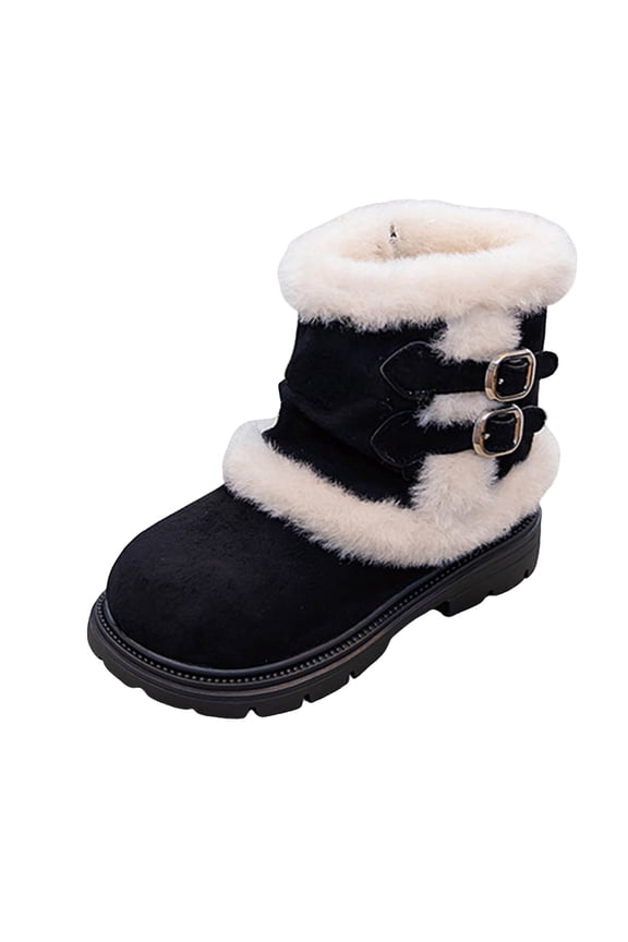 Girls Footwear Girls Winter Snow Boots Fur Lined Mid Calf Boots Lug Sole Suede Warm Boot Outdoor Shoes for Kids Black Size,13.5