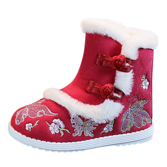 Wxirdiow Girls Footwear Kids Traditional Chinese Style Winter Boots Handmade Embroidered Cotton Shoes with Plush Lining Warm for Toddler/Little/Big Kids Red Size,13.5