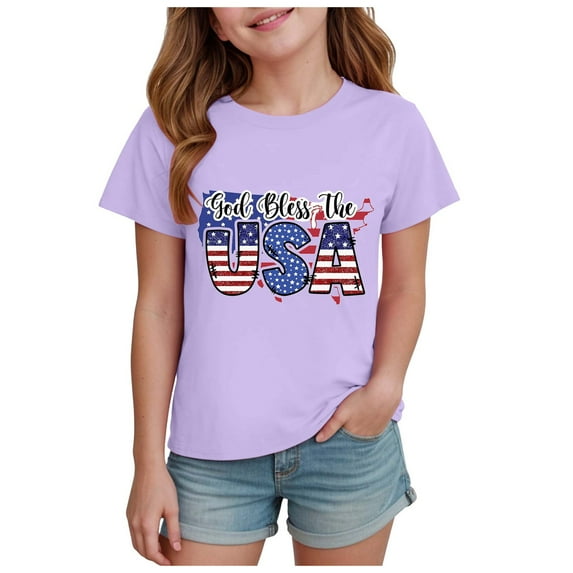 Wxirdiow Girls Graphic Tees Kids 4th of July Shirt Boys Girls American Flag T-Shirt Toddler Patriotic Tops Tee Independence Day Clothes 2026 Purple Size,9-10 Years