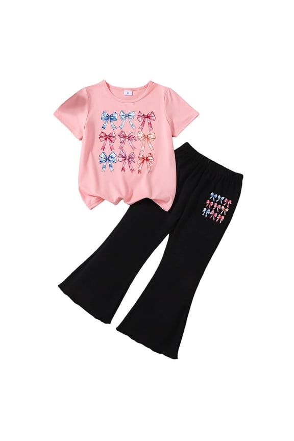 Girls Lounge Set Girls 2 Piece Outfit Short Sleeve Ringer Tee & Bell Bottom Set Print Casual Kids Clothes N Size,6-7 Years