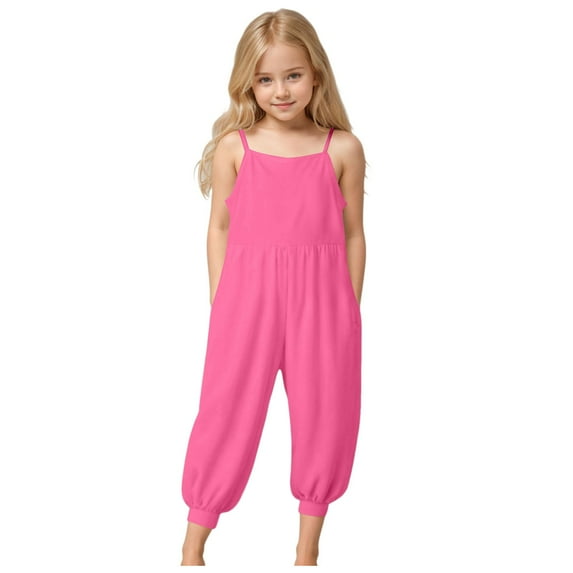 Wxirdiow Girls Overalls Dress Girls' Casual Sleeveless Jumpsuits Spaghetti Strap Loose Romper Long Pants with Pockets Hot Pink Size,3-4 Years
