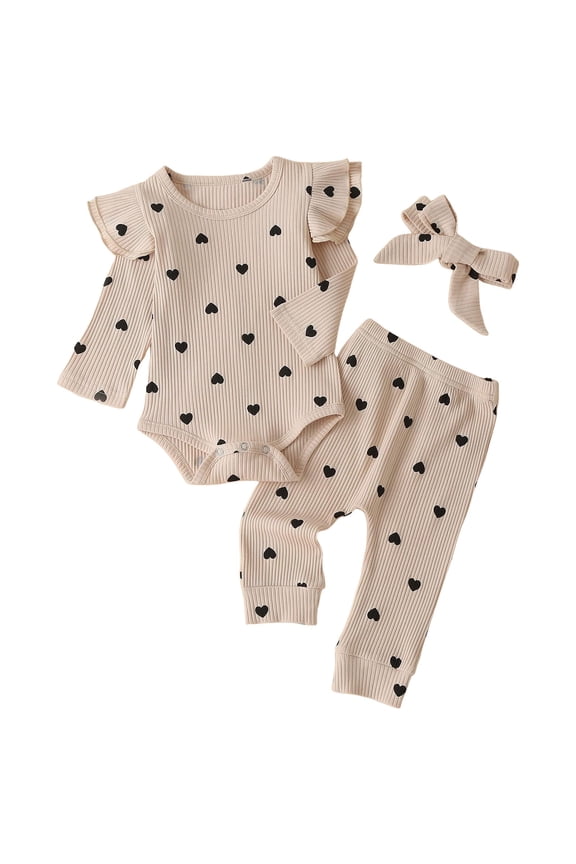 Girls Romper Baby Girl's 3pc Rib Frill Cute Heart Print Long Sleeve Romper and Pant Set Beige Size,0-3 Months