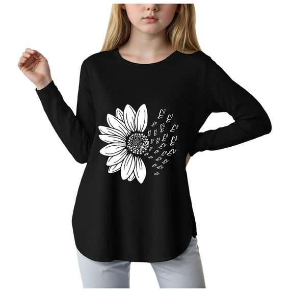 Wxirdiow Girls Shirt Girls Long Sleeve Shirts Kids Curve Hem Side Slit Soft Cute Tunic Tops T-Shirts Black Size,5-6 Years