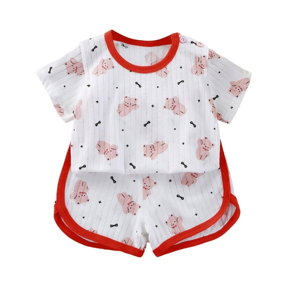 Wxirdiow Girls Summer Outfits Toddler Infant Baby Girls Summer Outfits Print Short Sleeve T-Shirt Tops with Shorts Clothing Sets Red Size,6-12 Months