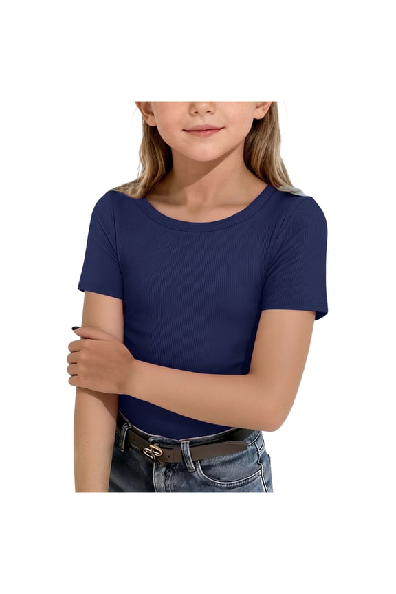 Girls Top Kids Blouse Plain Ruffle Sleeve Top Toddler Girls Solid Color T-Shirt Baby Girl Cotton Casual Clothes Navy Size,7-8 Years