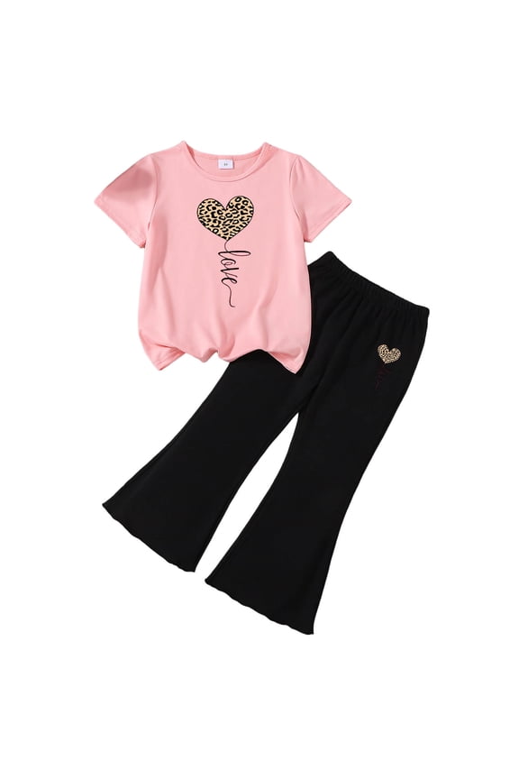 Girls Two Piece Outfits Tween Girls Outfit 2PCS Set Top & Flare Pants with Cute Pattern Clothes B Size,6-7 Years