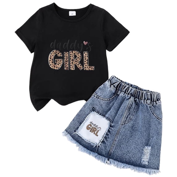 Wxirdiow Girls Vacation Outfits Girls 2-Piece Set Round Neck Short Sleeve T-Shirt A-Line Jean Skirt Outfits R Size,4-5 Years