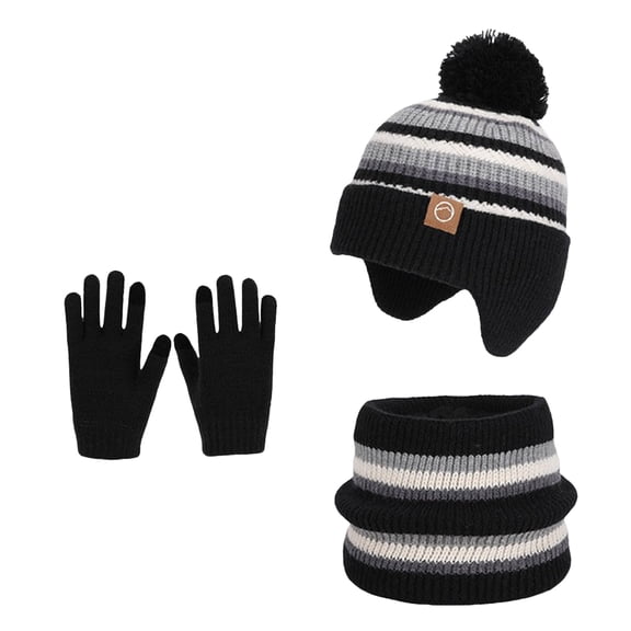 Wxirdiow Toddler Scarf Hat Scarf Glove Set Winter Knitted Beanie Cap Earflaps Warm Neck Warmer Gloves Outdoor Play Ski Snowboarding Black Size,4-10 Years