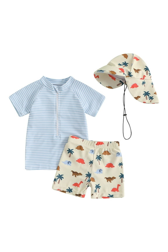 Infant Boy Swimsuit Toddler Baby Boy Swimsuit Infant Zipper Rash Guard Swimwear T-Shirt and Swim Trunk Sun Hat 3 Piece Bathing Suit Blue Size,6-12 Months
