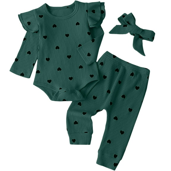 Wxirdiow Infant Girl Romper Baby Girl's 3pc Rib Frill Long Sleeve Romper and Pant with Cute Headband Set Green Size,0-3 Months