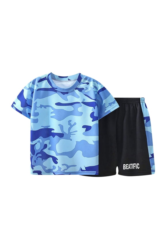 Kids Clothes Boys Athletic Shorts Set - 2 Piece Summer Clothes Outfit with Tees and Boys Running Shorts for Active Kids Light Blue Size,5-6 Years