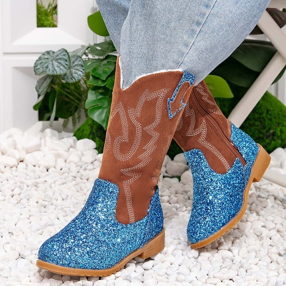 Wxirdiow Kids Cowgirl Boots Girls Kids Western Boots Embroidered Cowgirl Cowboy Boots Girls Mid Calf Riding Shoes Little Kid/Big Kid Blue Size,12