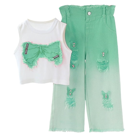 Wxirdiow Kids Outfits Sets Kids Sleeveless Tank Cute Ripped Jeans Two Piece Sets Girl Solid Color Raglan Bow Shirts Girls' Clothing Sets Green Size,9-10 Years