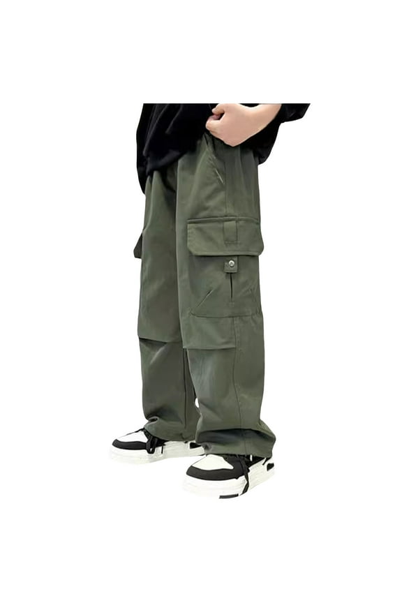 Kids Pants Boys Boy's Wide Leg Cargo Pants Drawstring Waist Baggy Track Pants Trousers Streetwear Green Size,14-15 Years