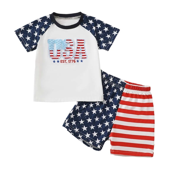 Wxirdiow Kids Summer Outfits Toddler Baby Boy 4th of July Outfit Embroidery Short Sleeve T-Shirt Plaid Shorts Set 2Pcs Independence Day Clothes White Size,2-3 Years