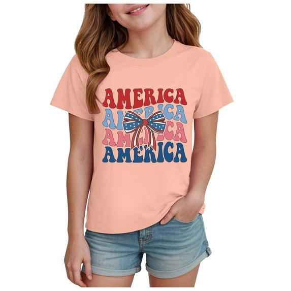 Wxirdiow Kids T Shirts Girls Patriotic Shirts 4th of July for Girls American Flag Graphic Tee Casual Short Sleeve Summer Tops Light Pink Size,3-4 Years