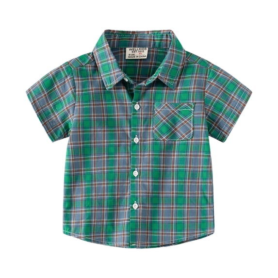 Wxirdiow Little Boys Shirts Kids Little Boys Girls Baby Short Sleeve Button Down Plaid Flannel Shirt Plaid Girl Boy Green Size,12-18 Months