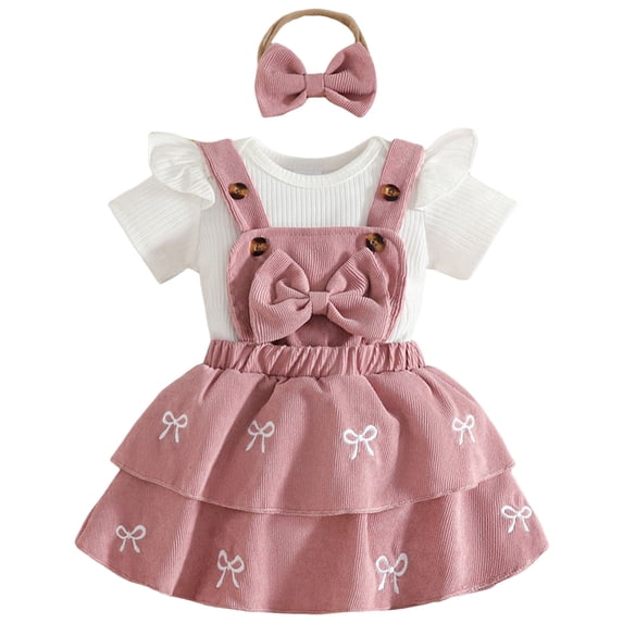 Wxirdiow Little Girls Clothes Baby Girls Outfit Set Suspender Skirt with Bow Print Romper Matching Bow Headband Pink Size,9-12 Months