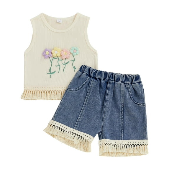 Wxirdiow Little Girls Outfits Baby Toddler Girls Floral Sleeveless Tops T-Shirt Vest & Denim Shorts with Tassel Set Kids Clothes Summer Outfits White Size,18-24 Months