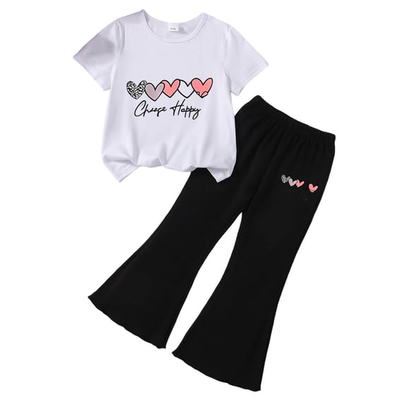 Wxirdiow Little Girls Summer Clothes Tween Girls Outfit 2PCS Set Top & Flare Pants with Graphic Pattern Clothes I Size,6-7 Years