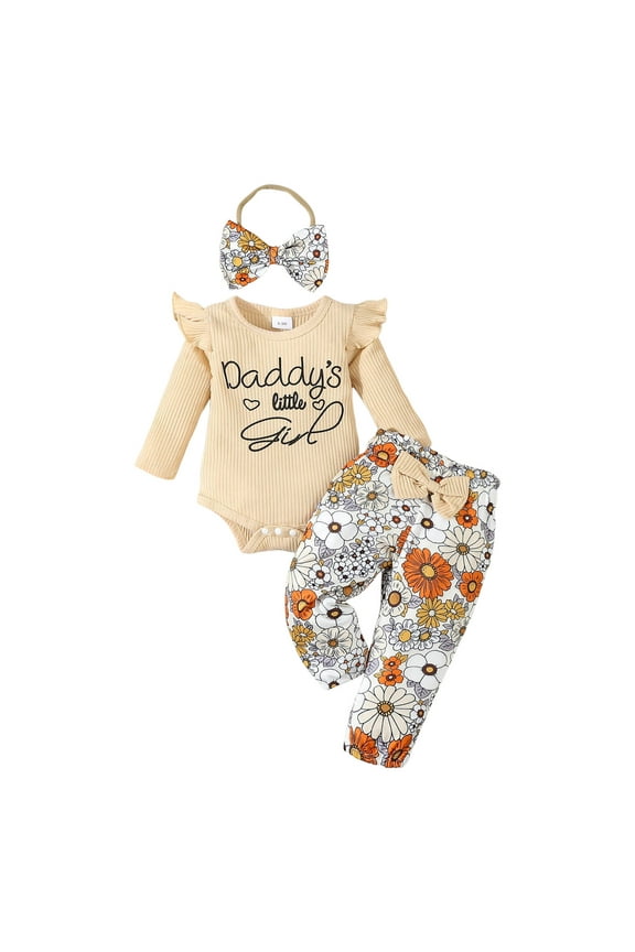 Newborn Girl Clothes Newborn Infant Baby Girl Clothes Ruffle Romper Toddler Girl Floral Cotton Pant Sets Girls Clothing Outfit Khaki Size,0-3 Months