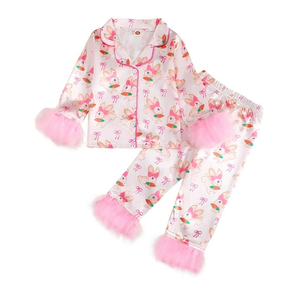 Wxirdiow Outfits for Little Girls 2 Pieces Girls Long Sleeve & Pants Set Button Down Tops Soft Comfortable Girls Satin Silky Clothing Set Pink Size,6-7 Years