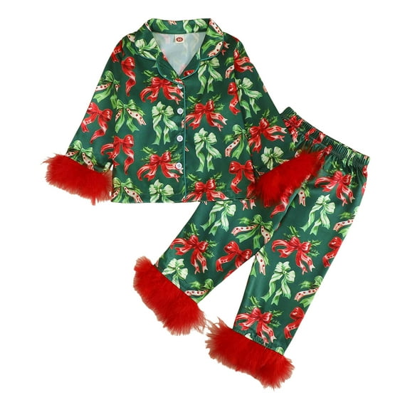 Wxirdiow Outfits for Kids Girls Cute Kids Clothing Toddler Girl Satin Clothes Set Cute Party Print Silk Holiday Sleepwear Green Size,5-6 Years