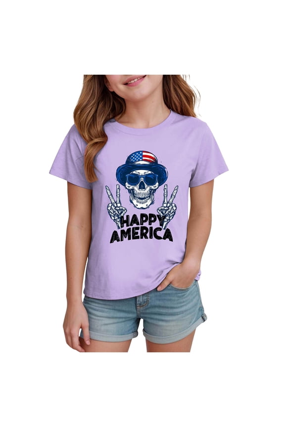 Patriotic Shirts for Kids Girls 4th of July Shirts American Flag Graphic Tshirts Cotton Short Sleeve Tees Purple Size,11-12 Years